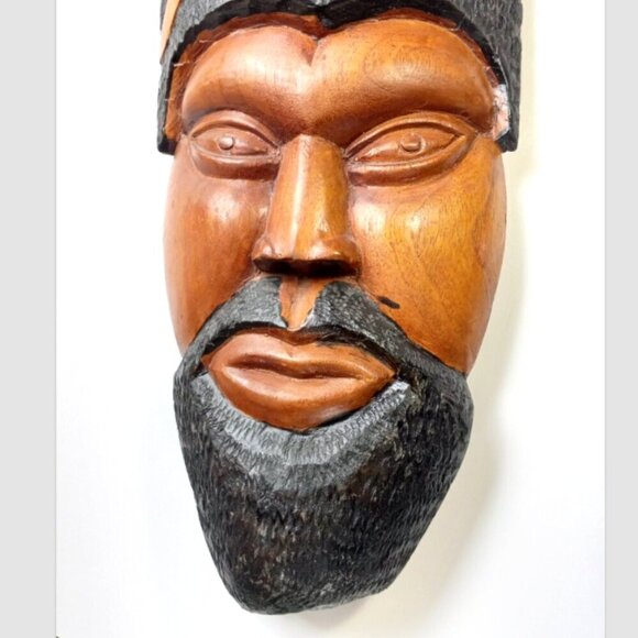 Tiki Head Large Vintage Bearded Polynesian or African Carving Teak Wood 27 inch - Picture 3 of 9